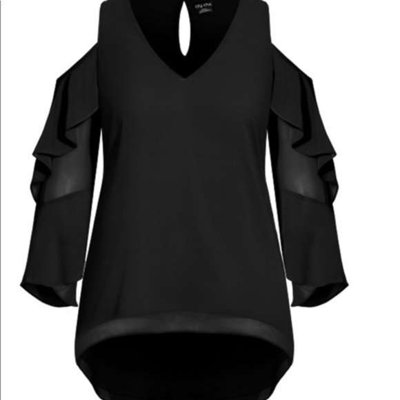 City Chic Hi Lo Cold Shoulder Top- Black - Picture 1 of 4